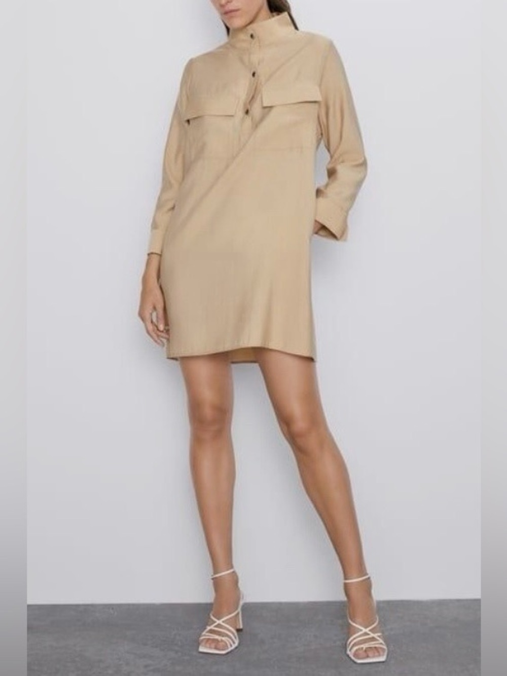 ZARA HIGH NECK MINI DRESS WITH POCKETS IN KAKHIS